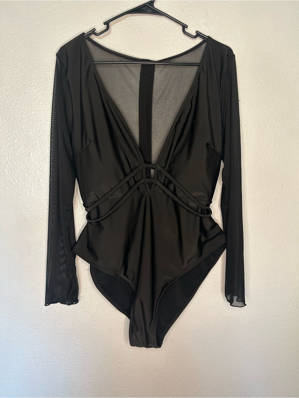 SHEIN Plus Size Black Mesh Long Sleeve Deep V One-Piece Swimsuit